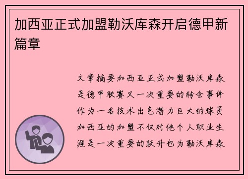 加西亚正式加盟勒沃库森开启德甲新篇章