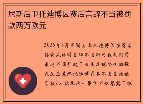 尼斯后卫托迪博因赛后言辞不当被罚款两万欧元